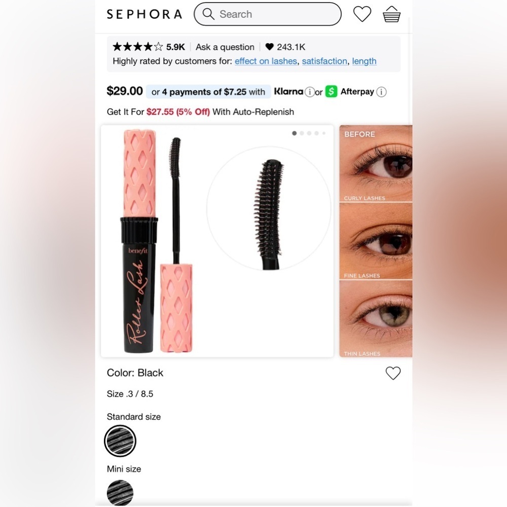 NIB Benefit Roller Lash Super-Curling & Lifting Mascara Black 0.3 oz 🎀